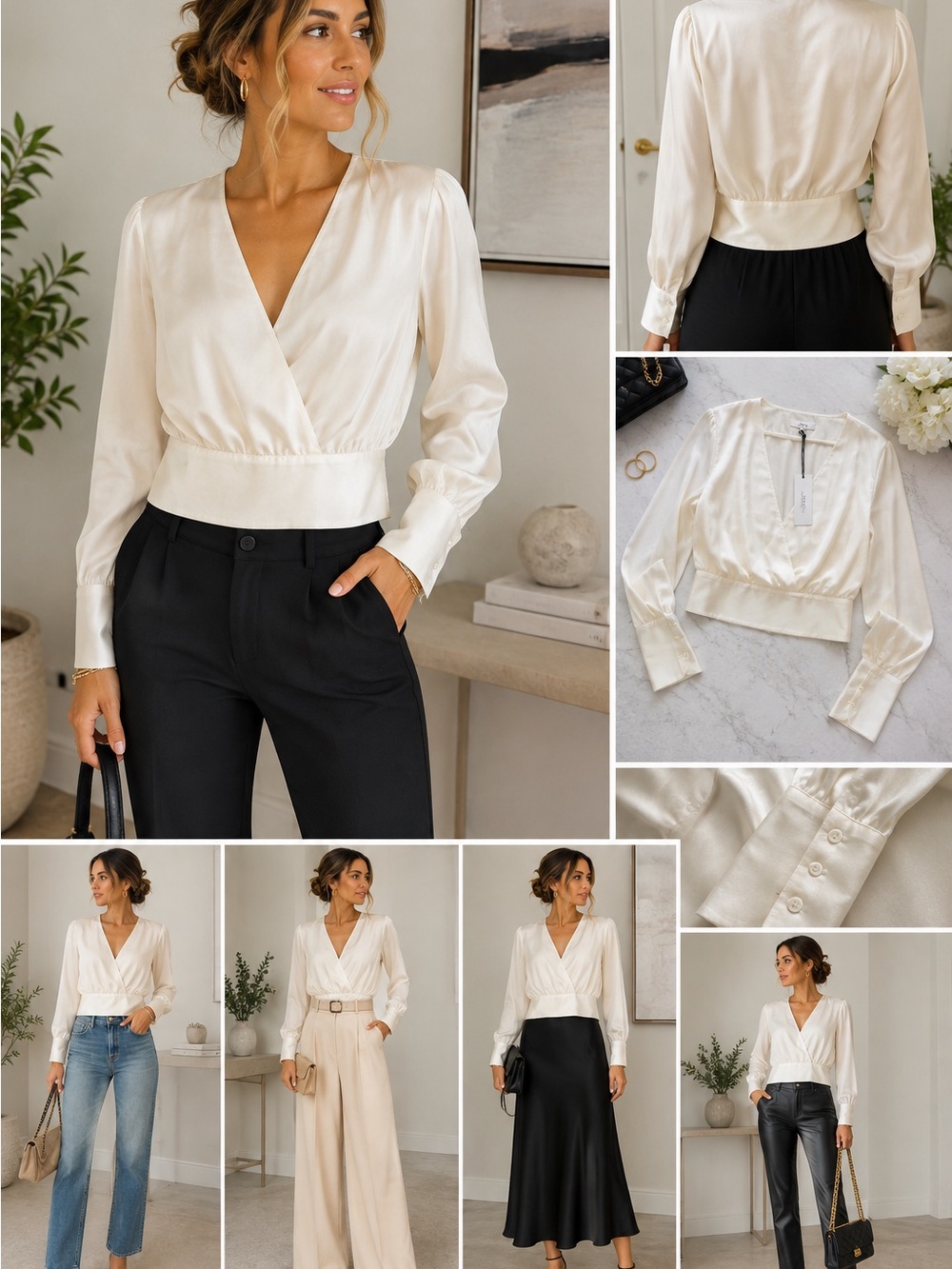 JOE’S The Harper Ecru Satin Wrap Blouse Size Small 🤍
